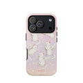 Blush-pink and pale-lavender iPhone case with multiple white winged cats and pastel stars