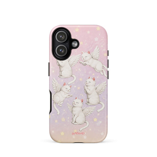 Blush-pink and pale-lavender iPhone case with multiple white winged cats and pastel stars