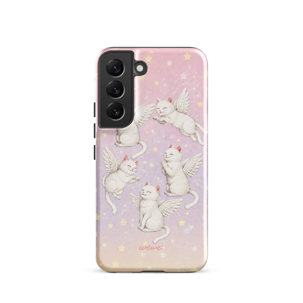 Blush-pink and pale-lavender iPhone case with multiple white winged cats and pastel stars