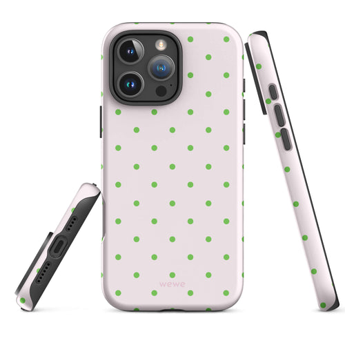 Blush pink iPhone case with evenly spaced bright green mini polka dots