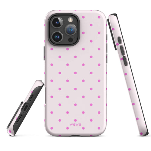 Blush pink iPhone case with evenly spaced bright pink mini polka dots