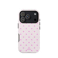 Blush pink iPhone case with evenly spaced bright pink mini polka dots