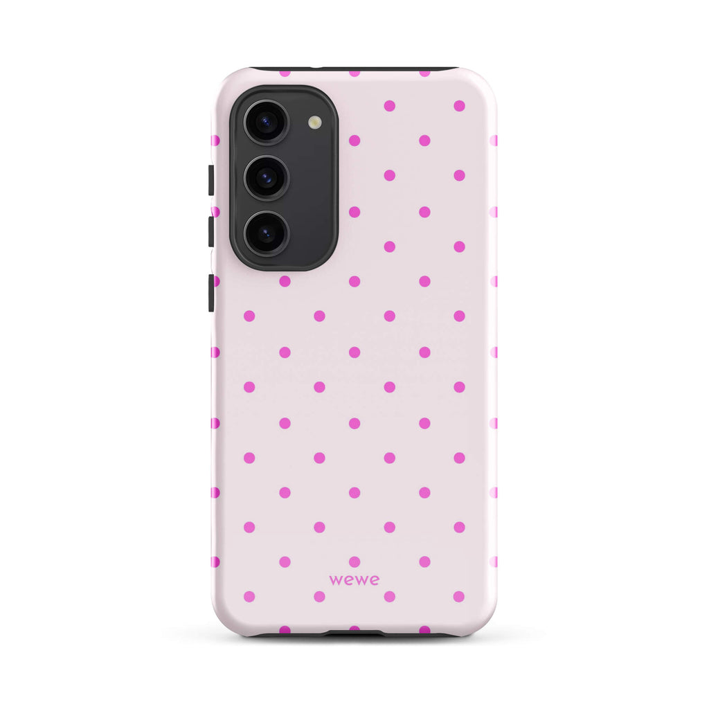 Blush pink iPhone case with evenly spaced bright pink mini polka dots
