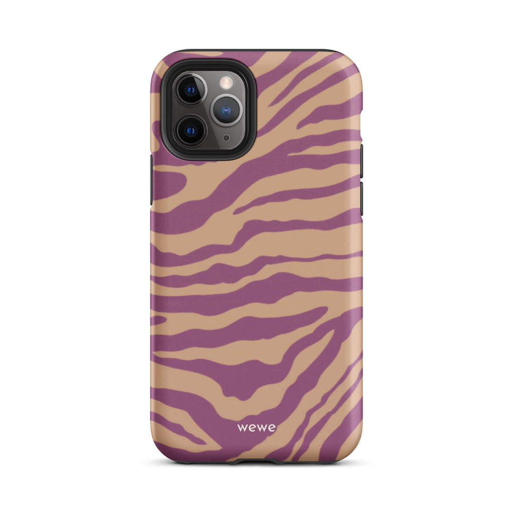 Custom iPhone case 11 pro with a bold and graphic brown and purple zebra pattern.