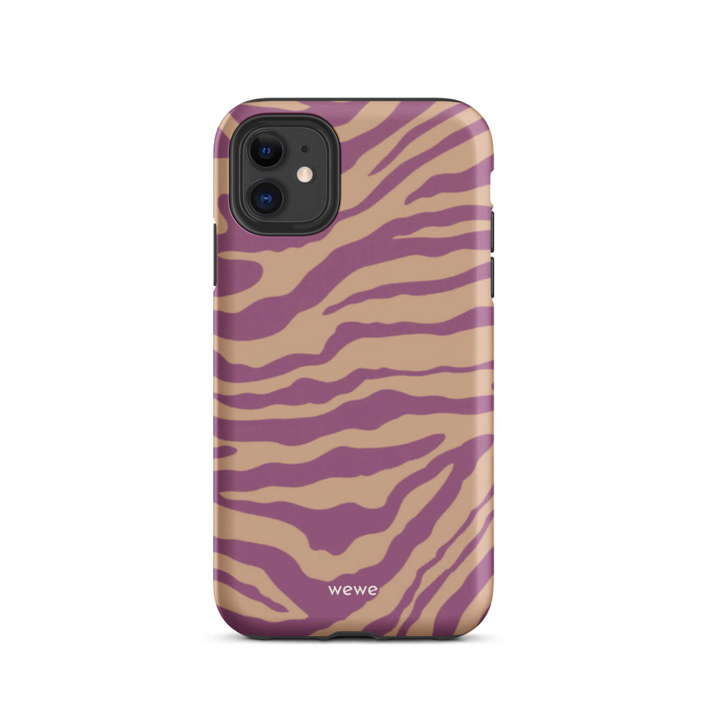 Custom iPhone case 11 with a bold and graphic brown and purple zebra pattern.