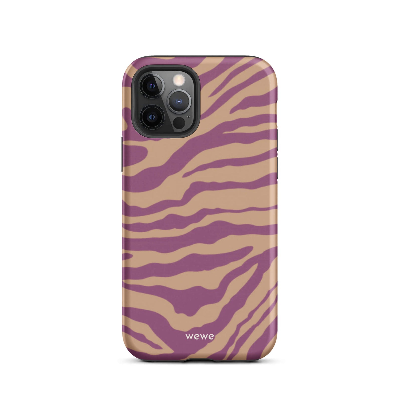 Custom iPhone case 12 pro with a bold and graphic brown and purple zebra pattern.