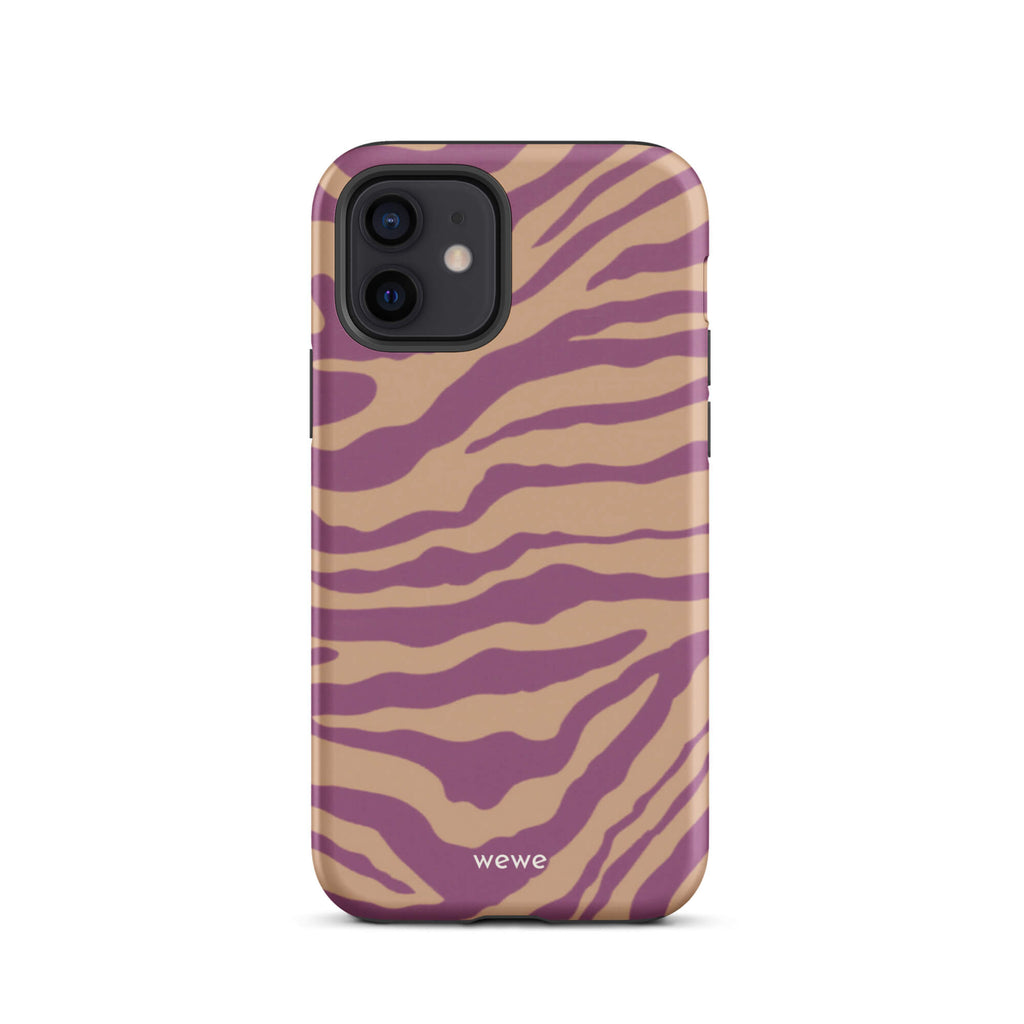 Custom iPhone case 12 with a bold and graphic brown and purple zebra pattern.