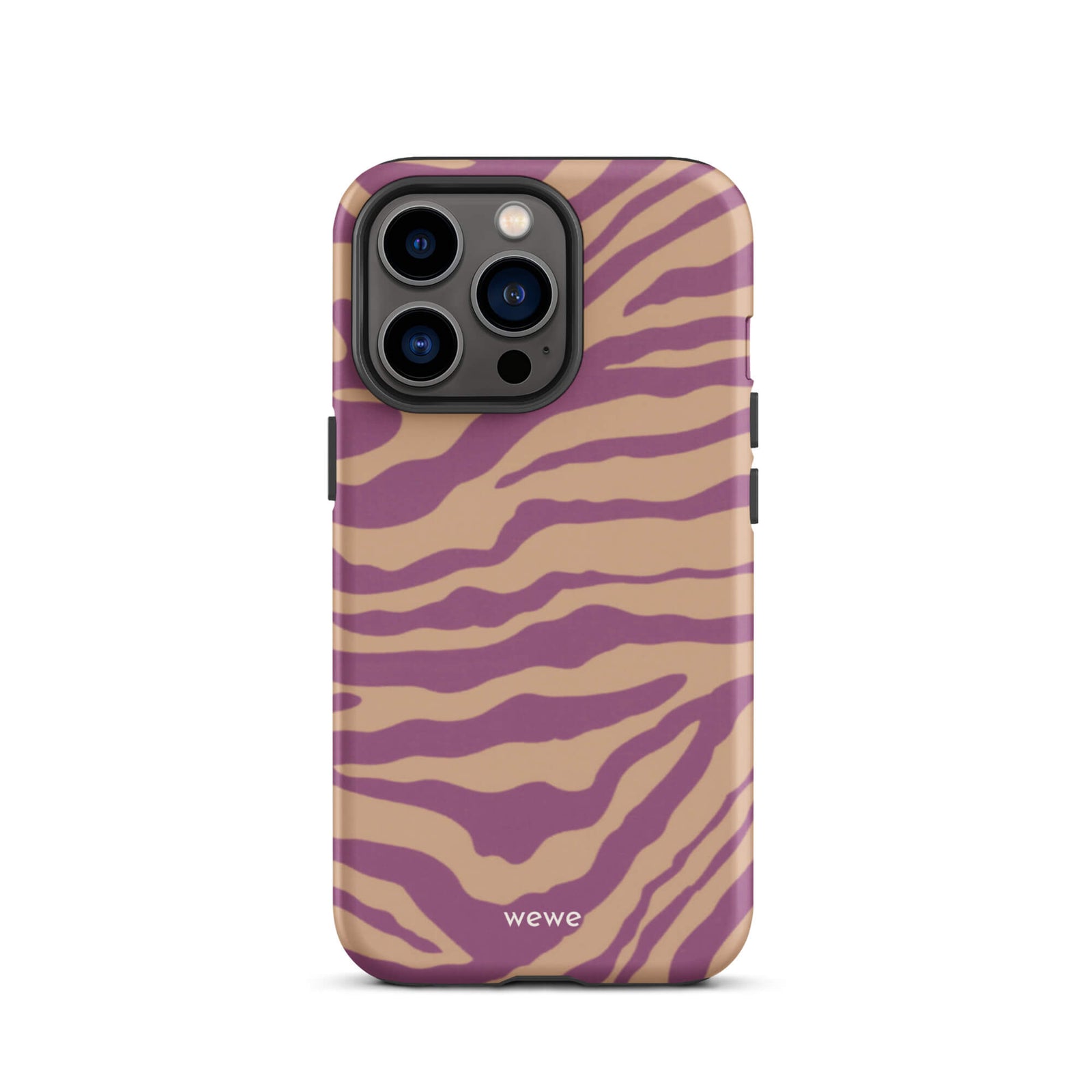 Custom iPhone case 13 pro with a bold and graphic brown and purple zebra pattern.