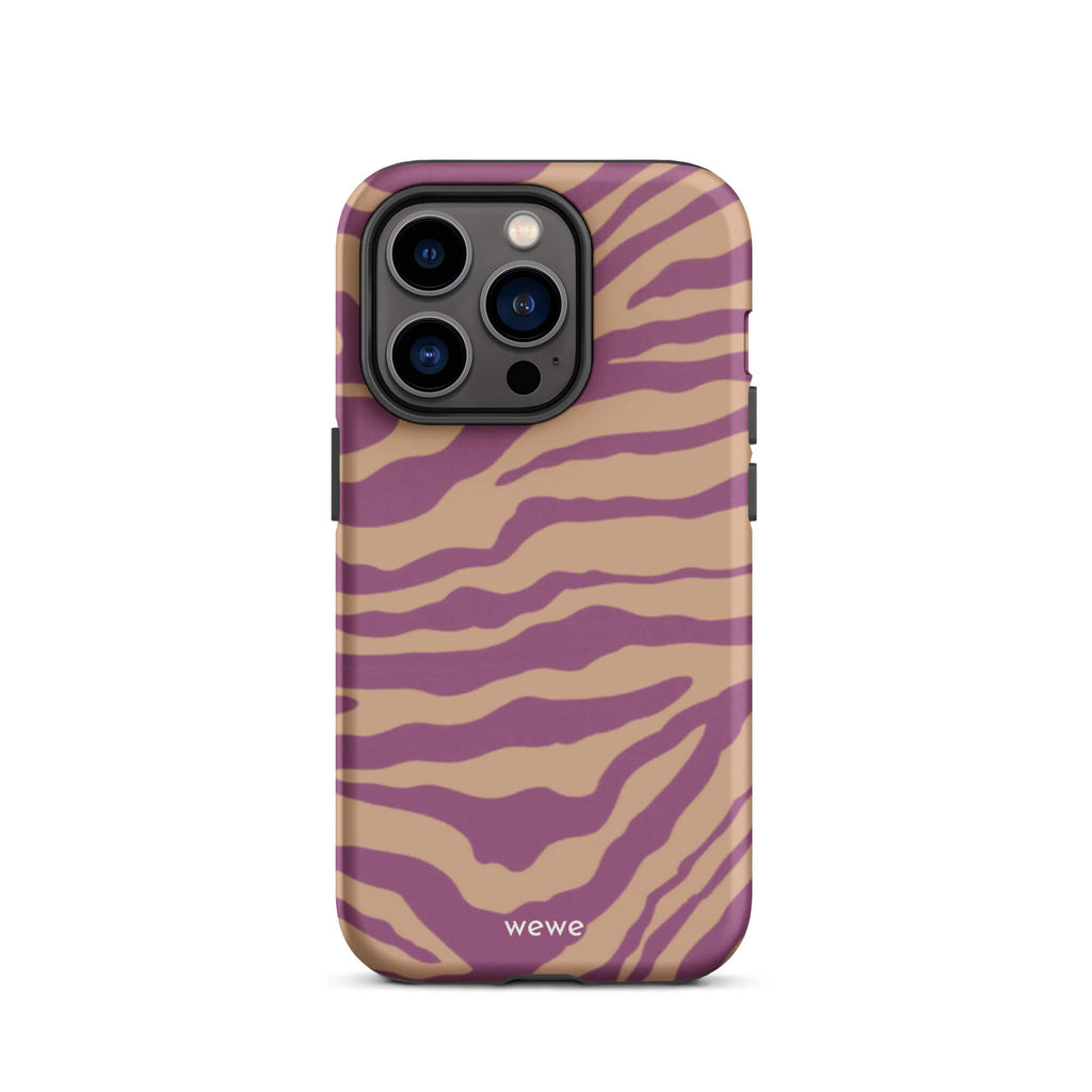 Custom iPhone case 14 pro with a bold and graphic brown and purple zebra pattern.