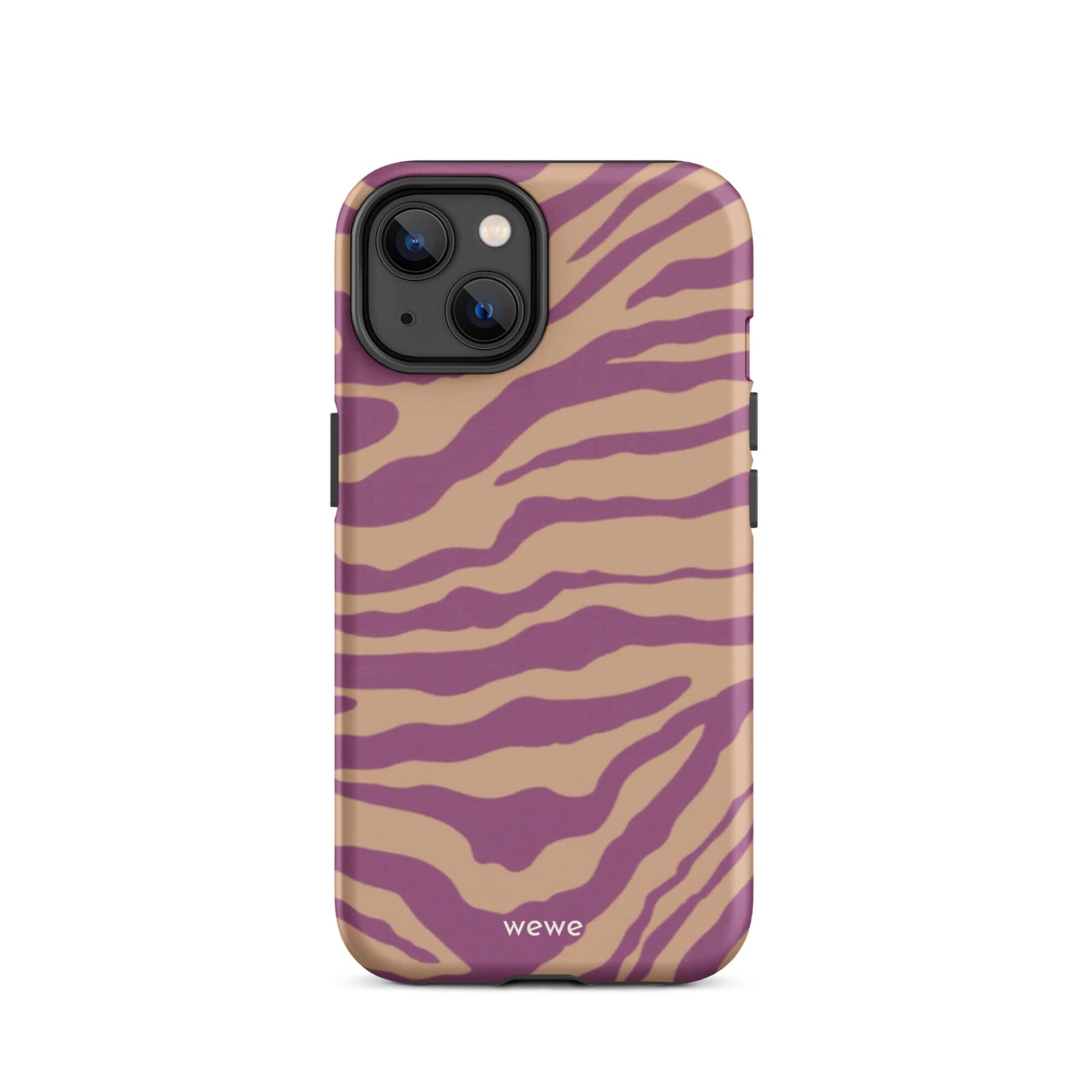 Custom iPhone case 14 with a bold and graphic brown and purple zebra pattern.