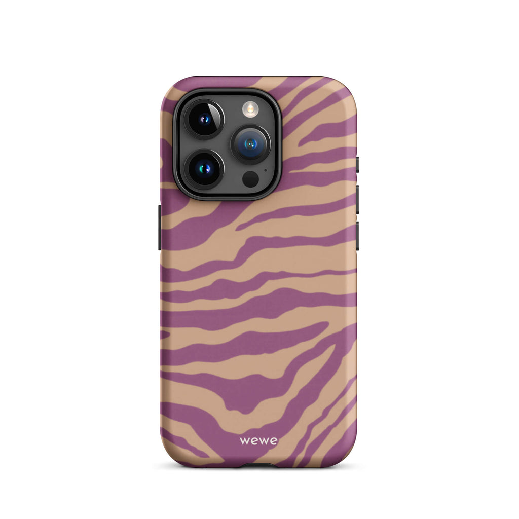 Custom iPhone case 15 pro with a bold and graphic brown and purple zebra pattern.