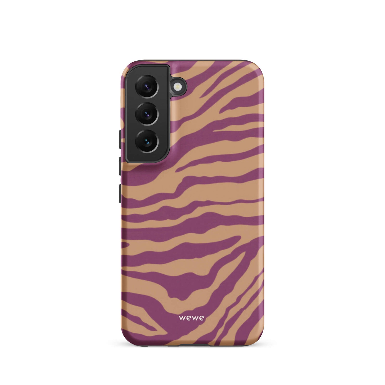 Custom samsung galaxy s22 Phone case with a bold and graphic brown and purple zebra pattern.