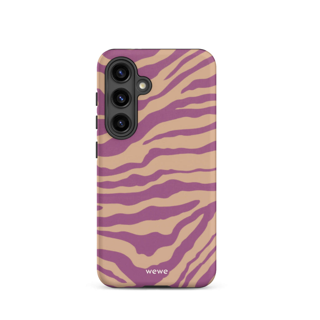 Custom samsung galaxy s24 Phone case with a bold and graphic brown and purple zebra pattern.