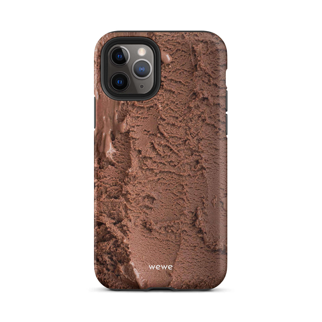 Custom iPhone case 11 with a close-up, macro photo of a textured, rich brown chocolate ice cream.
