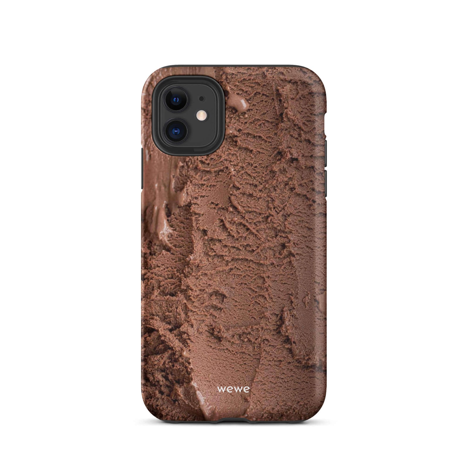 Custom iPhone case 11 with a close-up, macro photo of a textured, rich brown chocolate ice cream.