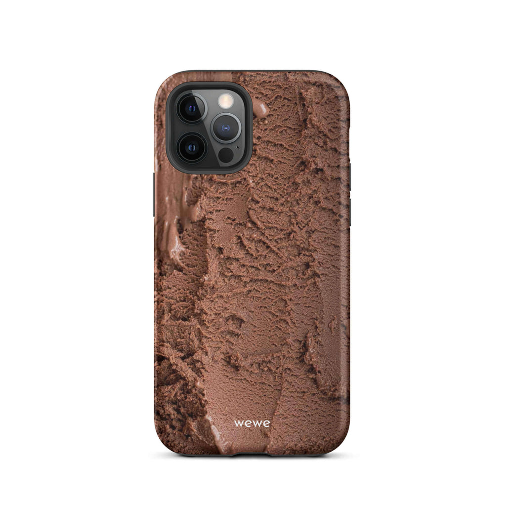 Custom iPhone case 12 with a close-up, macro photo of a textured, rich brown chocolate ice cream.