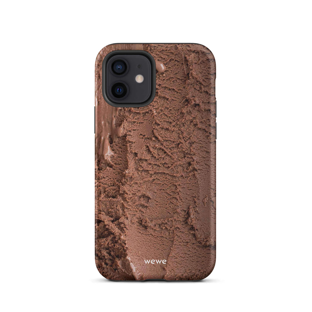 Custom iPhone case 12 with a close-up, macro photo of a textured, rich brown chocolate ice cream.