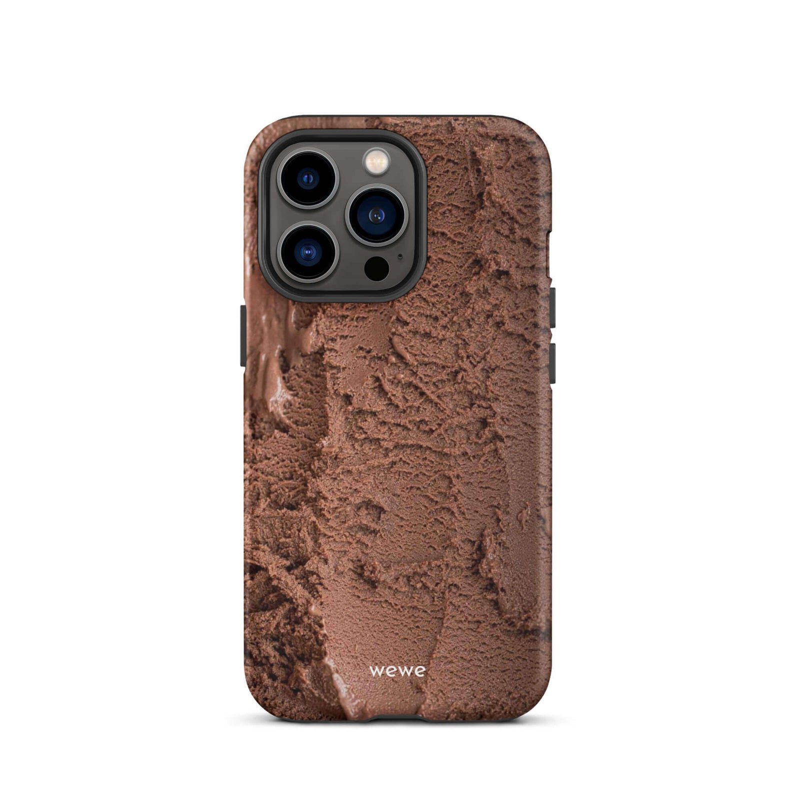 Custom iPhone case 13 with a close-up, macro photo of a textured, rich brown chocolate ice cream.