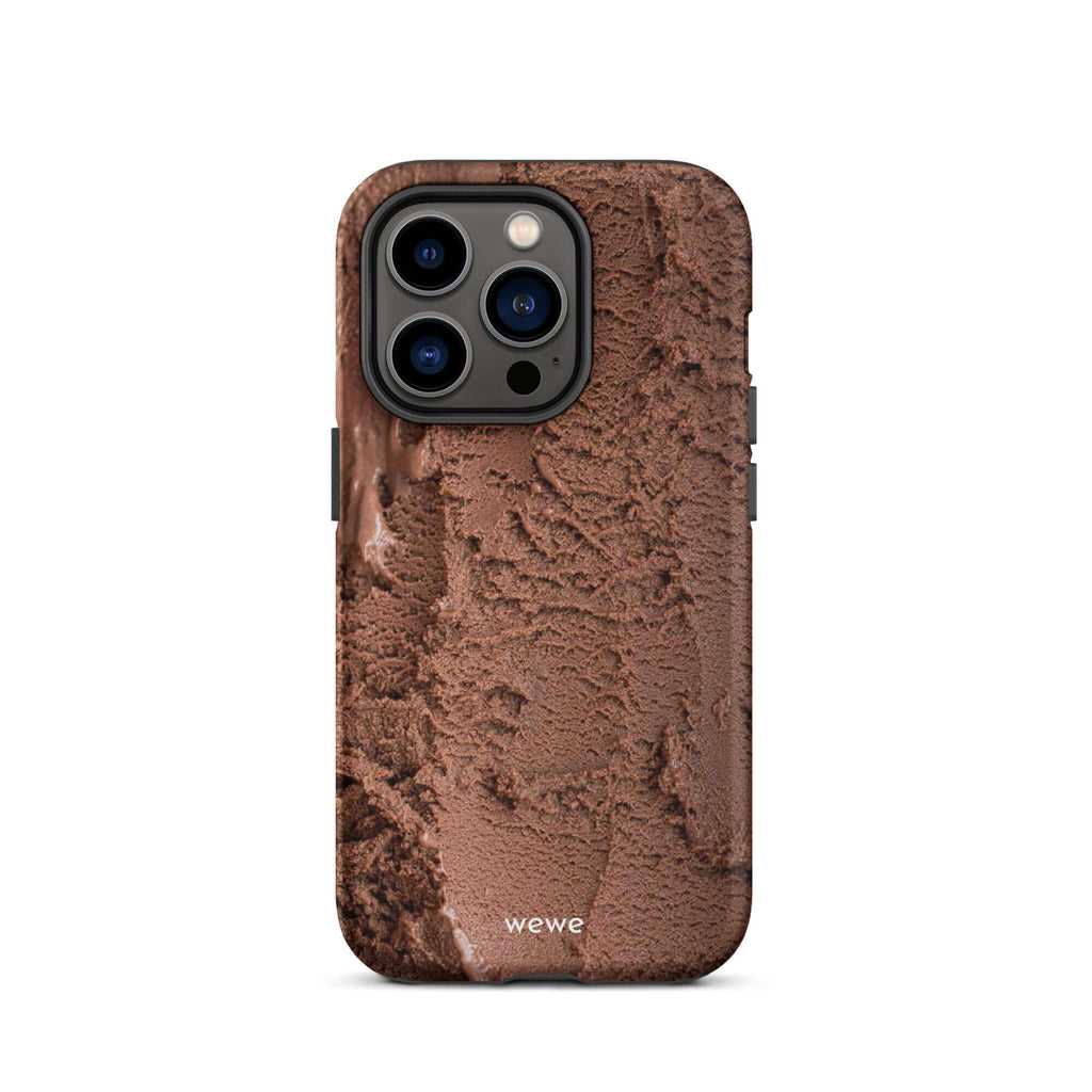 Custom iPhone case 14 with a close-up, macro photo of a textured, rich brown chocolate ice cream.