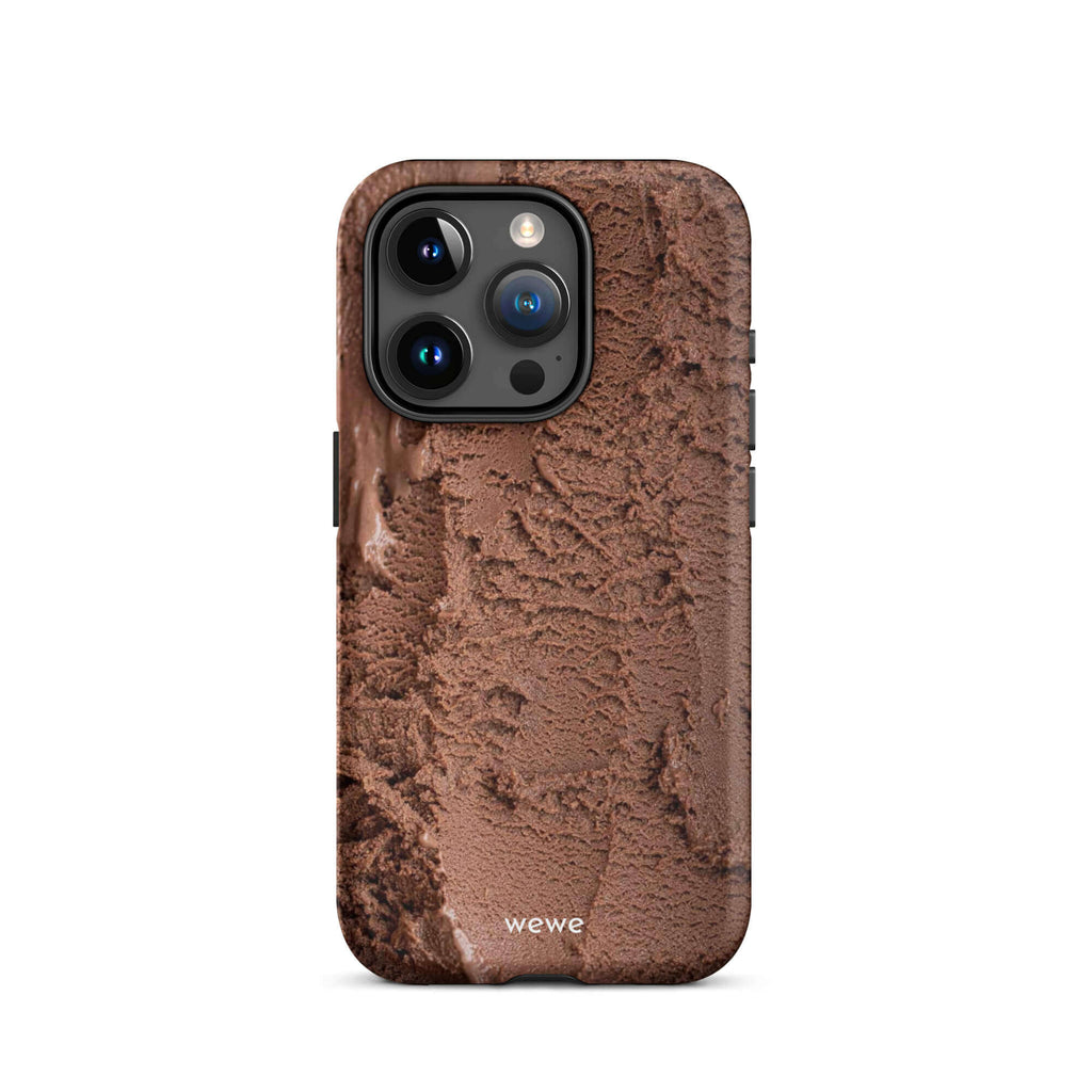 Custom iPhone case 15 with a close-up, macro photo of a textured, rich brown chocolate ice cream.