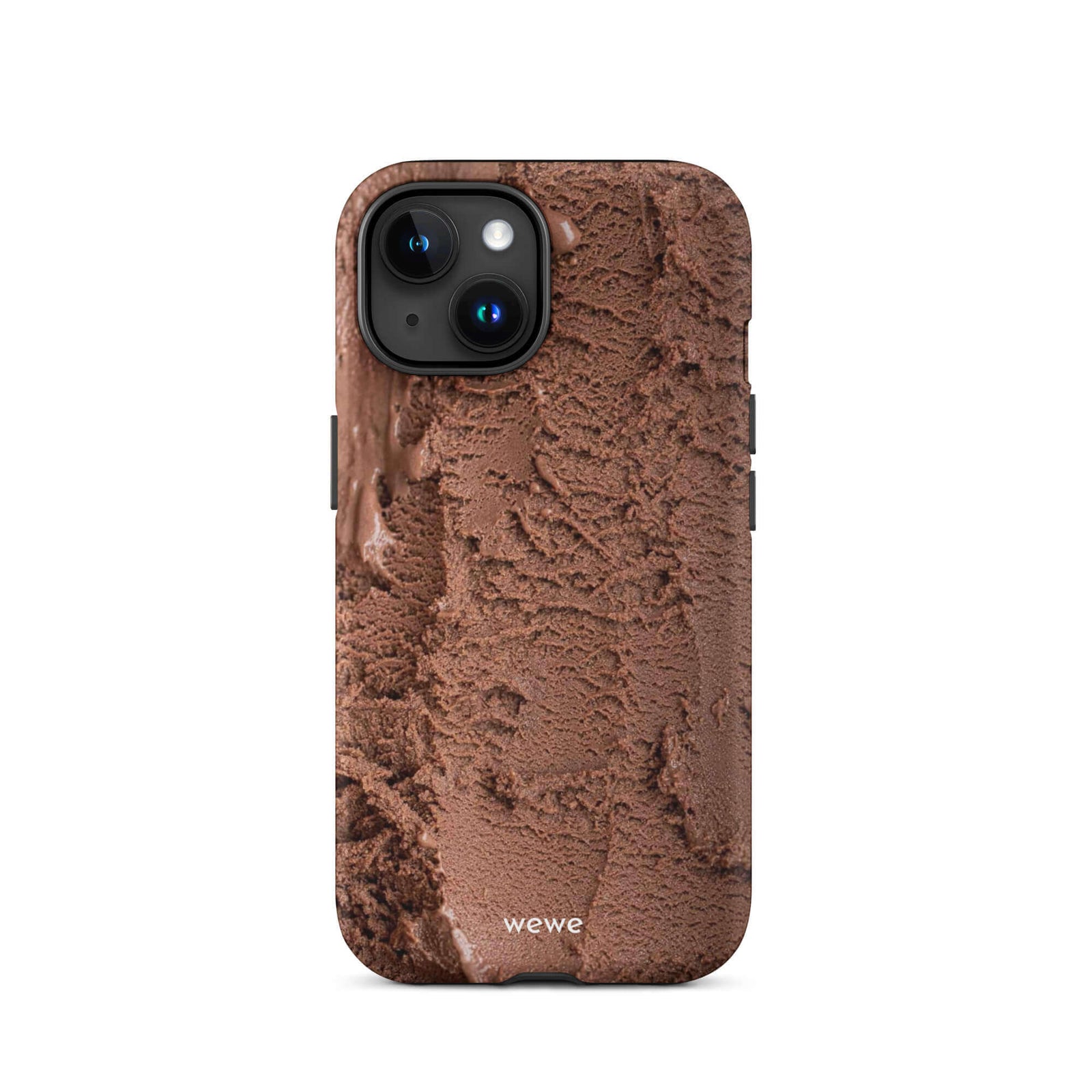 Custom iPhone case 15 with a close-up, macro photo of a textured, rich brown chocolate ice cream.