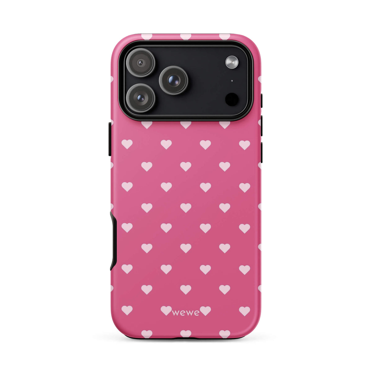 Bubblegum-pink iPhone case with evenly spaced pale blush-pink mini hearts