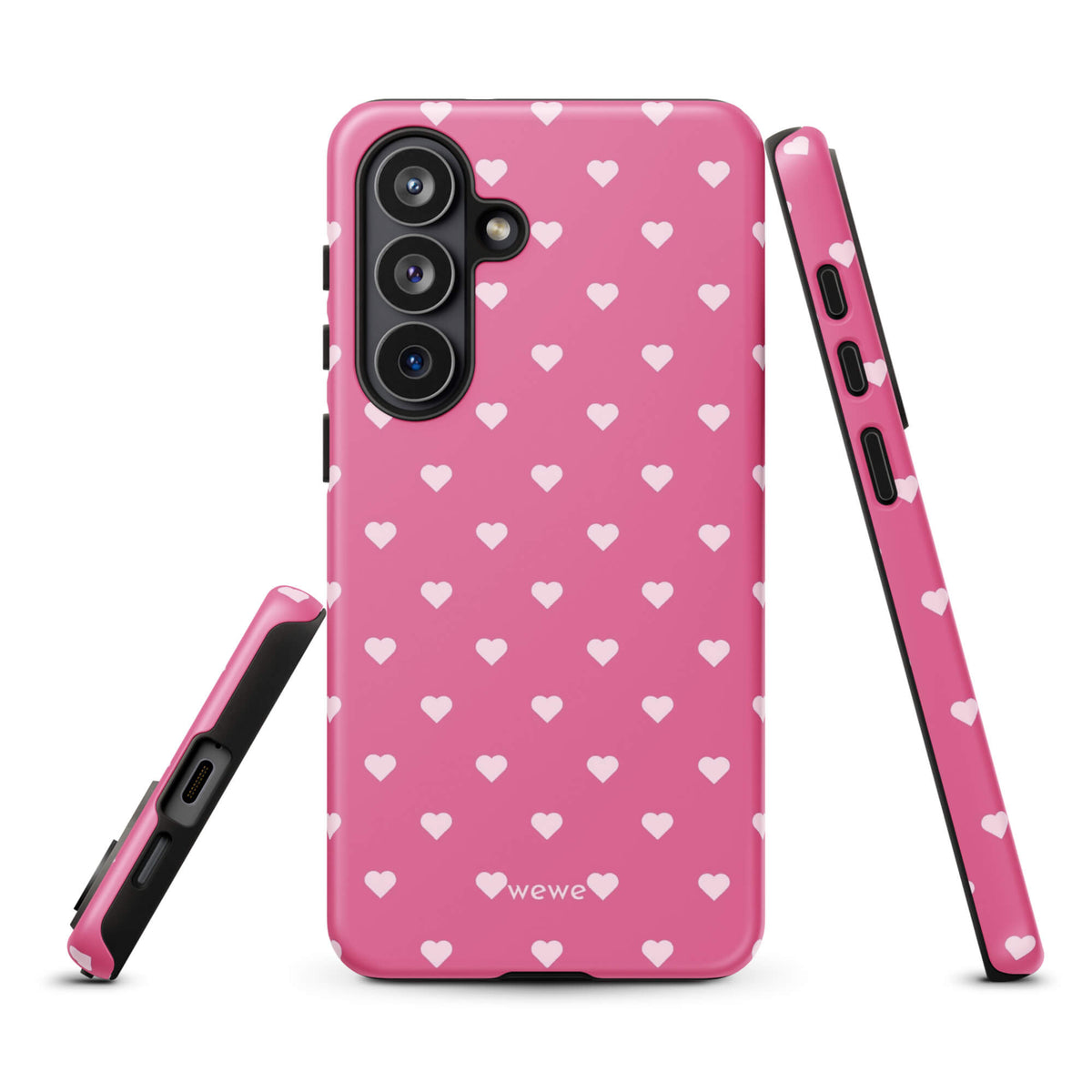 Bubblegum-pink iPhone case with evenly spaced pale blush-pink mini hearts