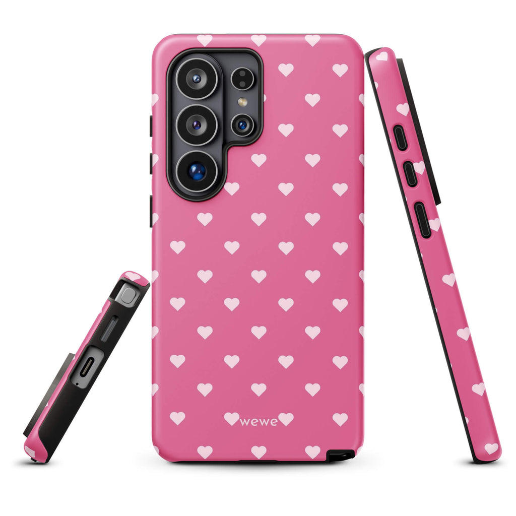 Bubblegum-pink iPhone case with evenly spaced pale blush-pink mini hearts