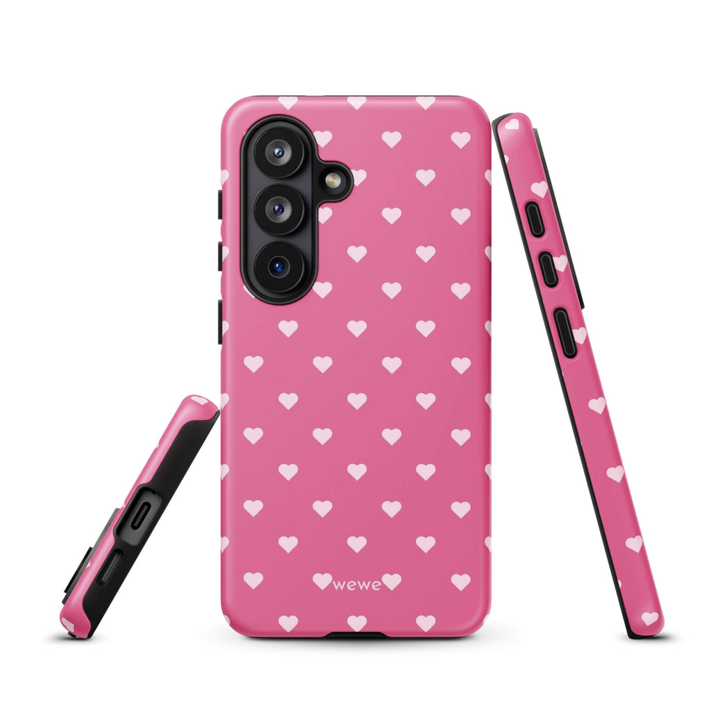 Bubblegum-pink iPhone case with evenly spaced pale blush-pink mini hearts