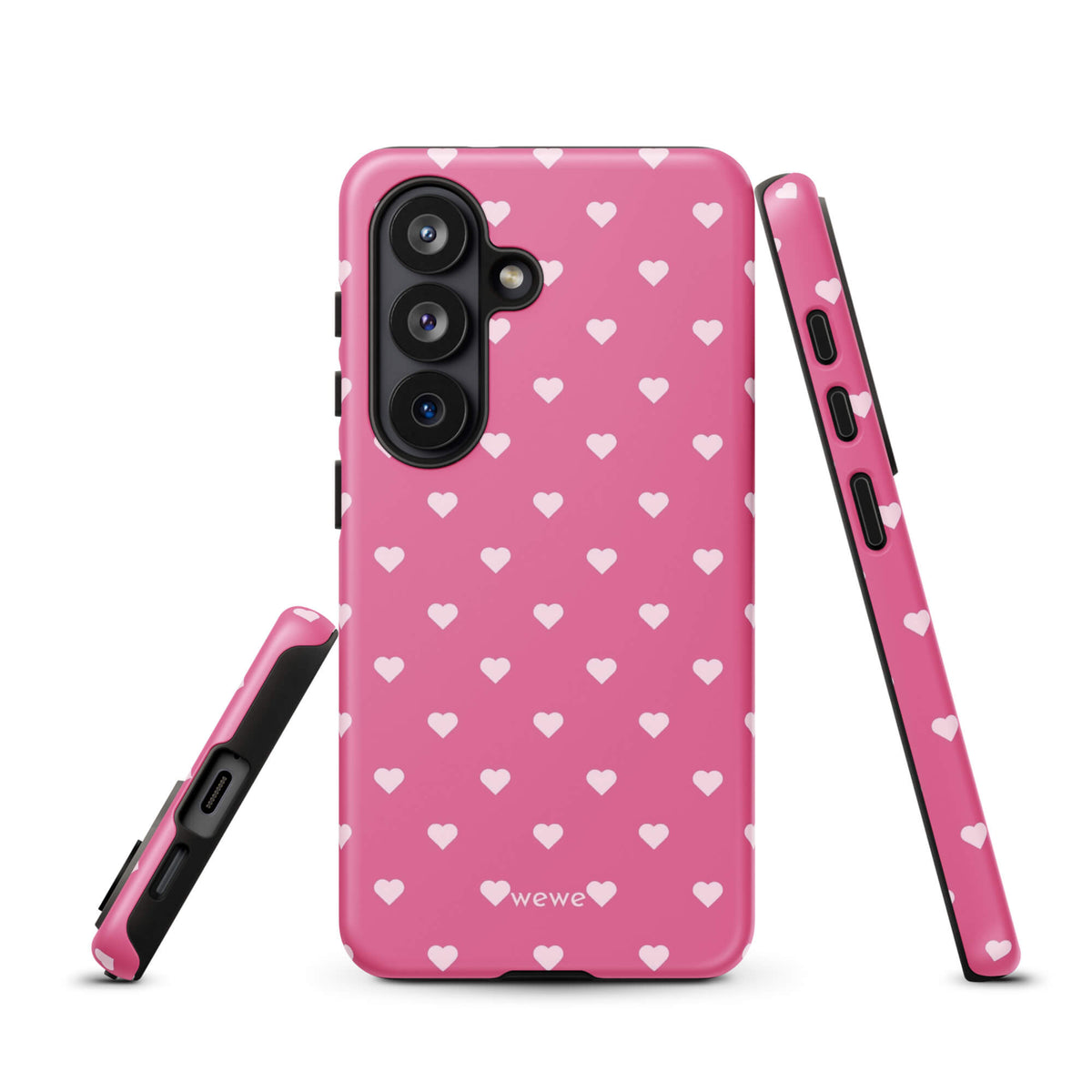 Bubblegum-pink iPhone case with evenly spaced pale blush-pink mini hearts