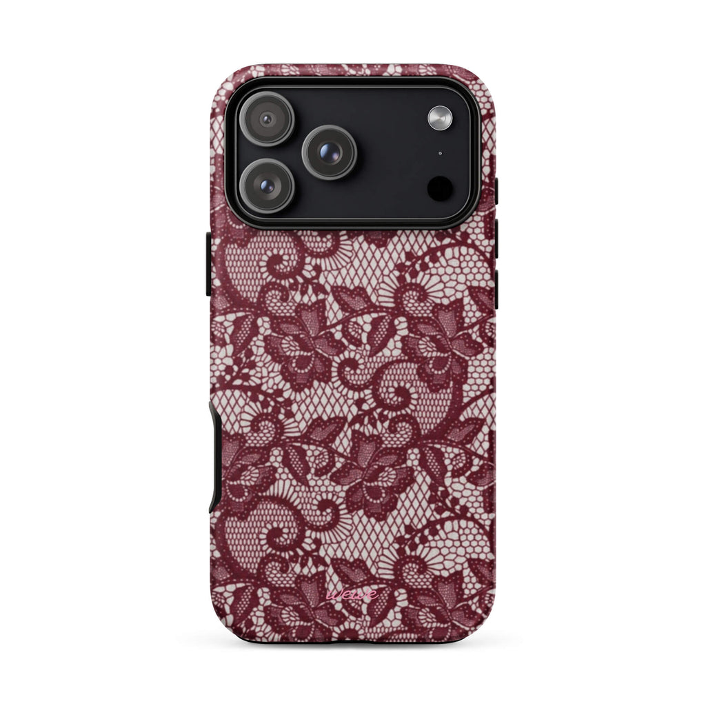 Burgundy floral-lace iPhone case with cream flowers, leaves and intricate net-like details