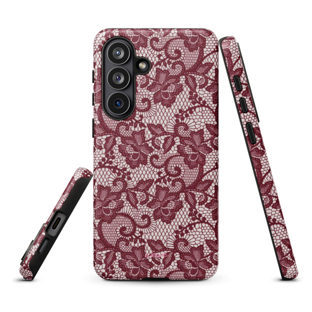 Burgundy floral-lace iPhone case with cream flowers, leaves and intricate net-like details