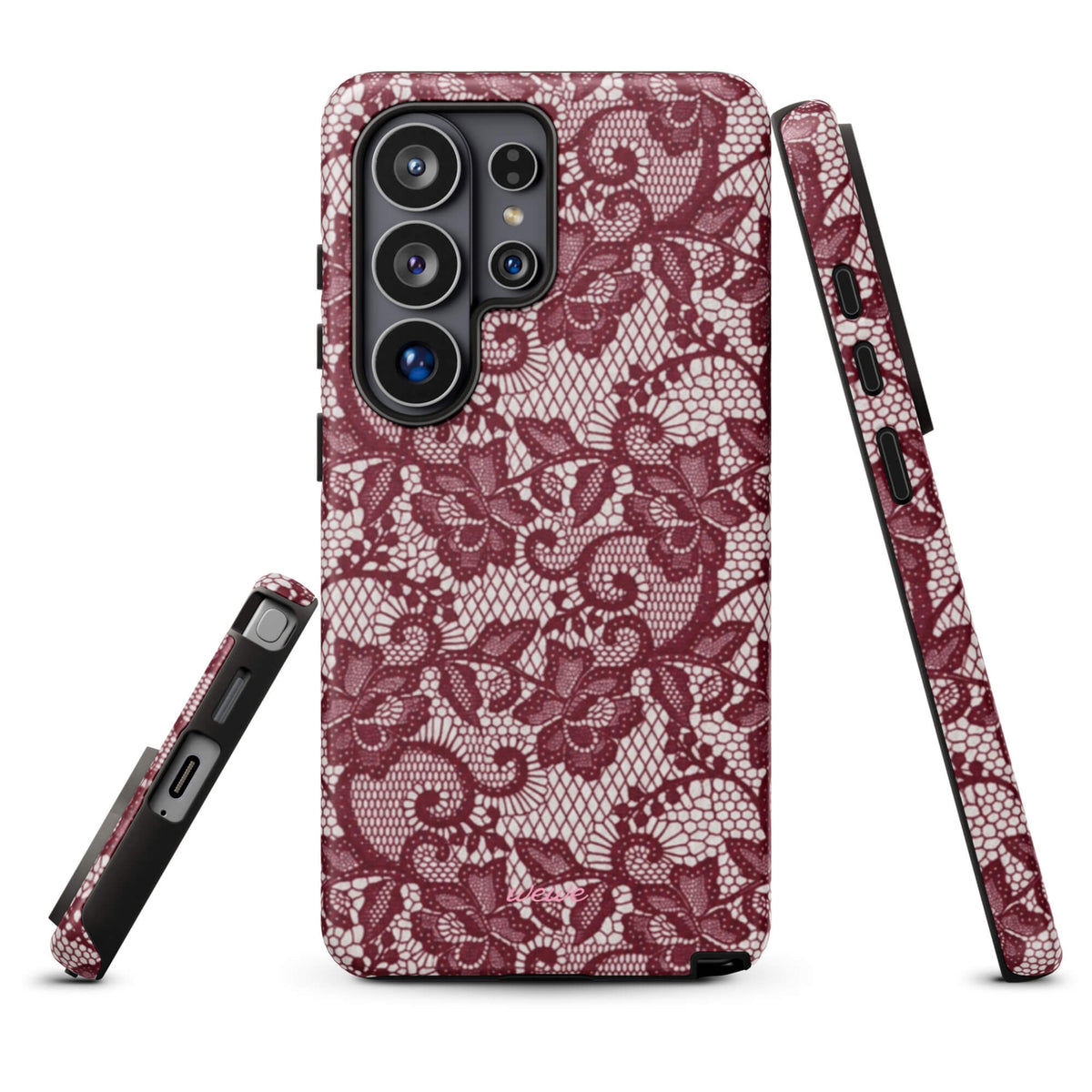 Burgundy floral-lace iPhone case with cream flowers, leaves and intricate net-like details