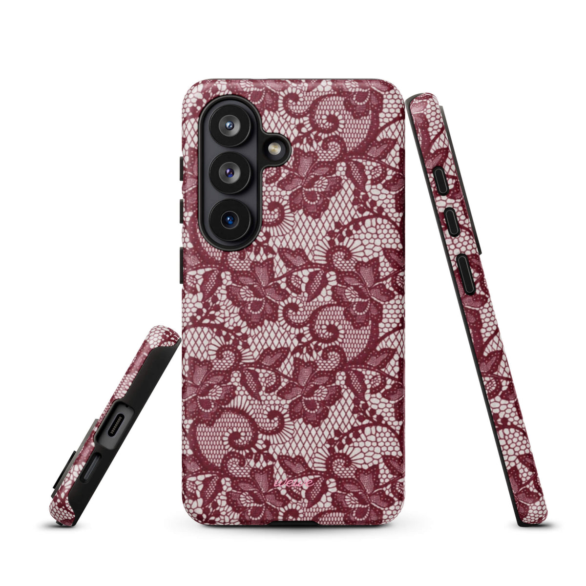Burgundy floral-lace iPhone case with cream flowers, leaves and intricate net-like details
