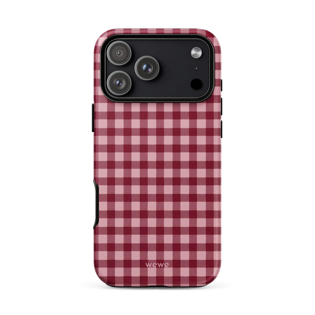 Deep burgundy and blush-pink iPhone case with an evenly repeated gingham check pattern