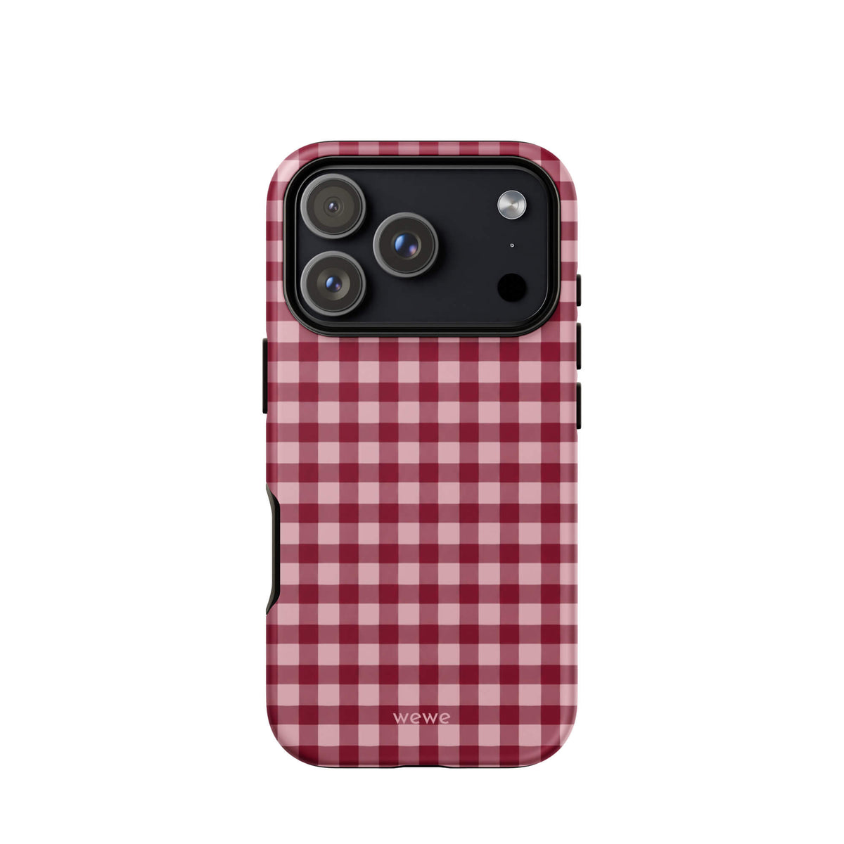Deep burgundy and blush-pink iPhone case with an evenly repeated gingham check pattern