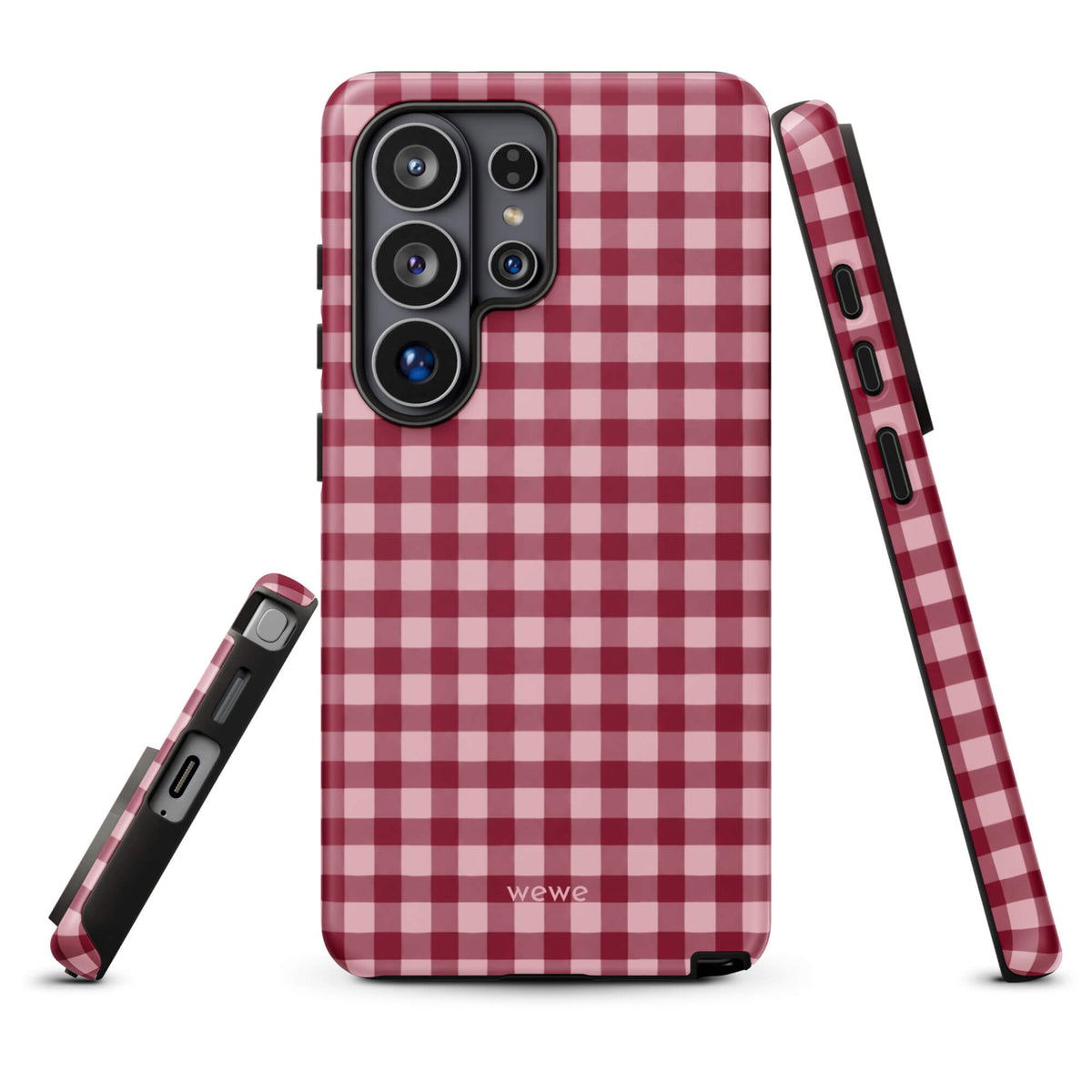 Deep burgundy and blush-pink iPhone case with an evenly repeated gingham check pattern
