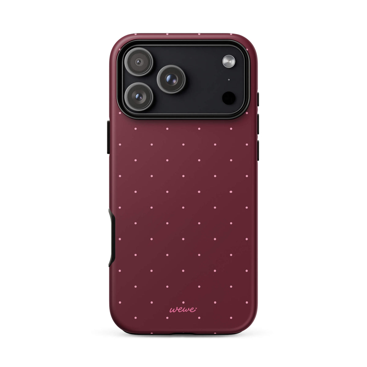 Deep burgundy iPhone case with evenly spaced tiny pale-pink micro dots