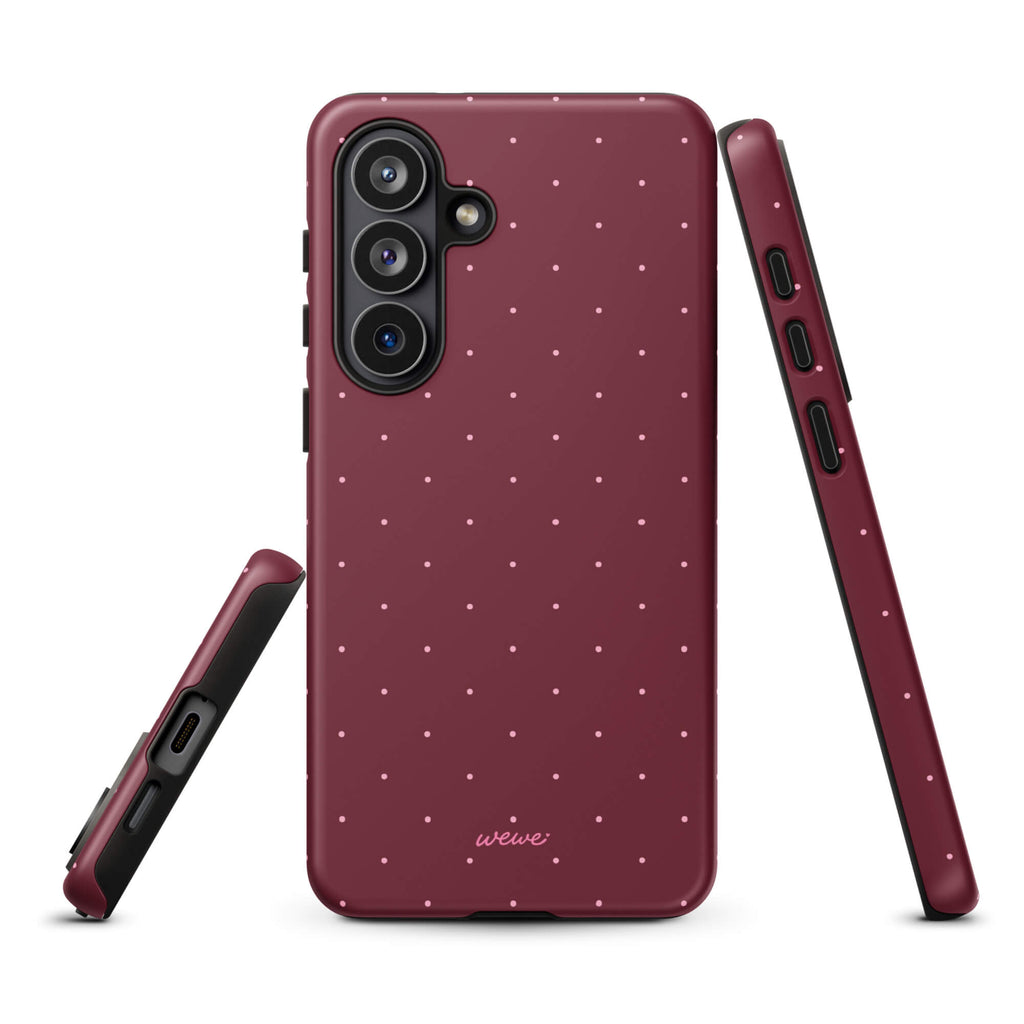 Deep burgundy iPhone case with evenly spaced tiny pale-pink micro dots
