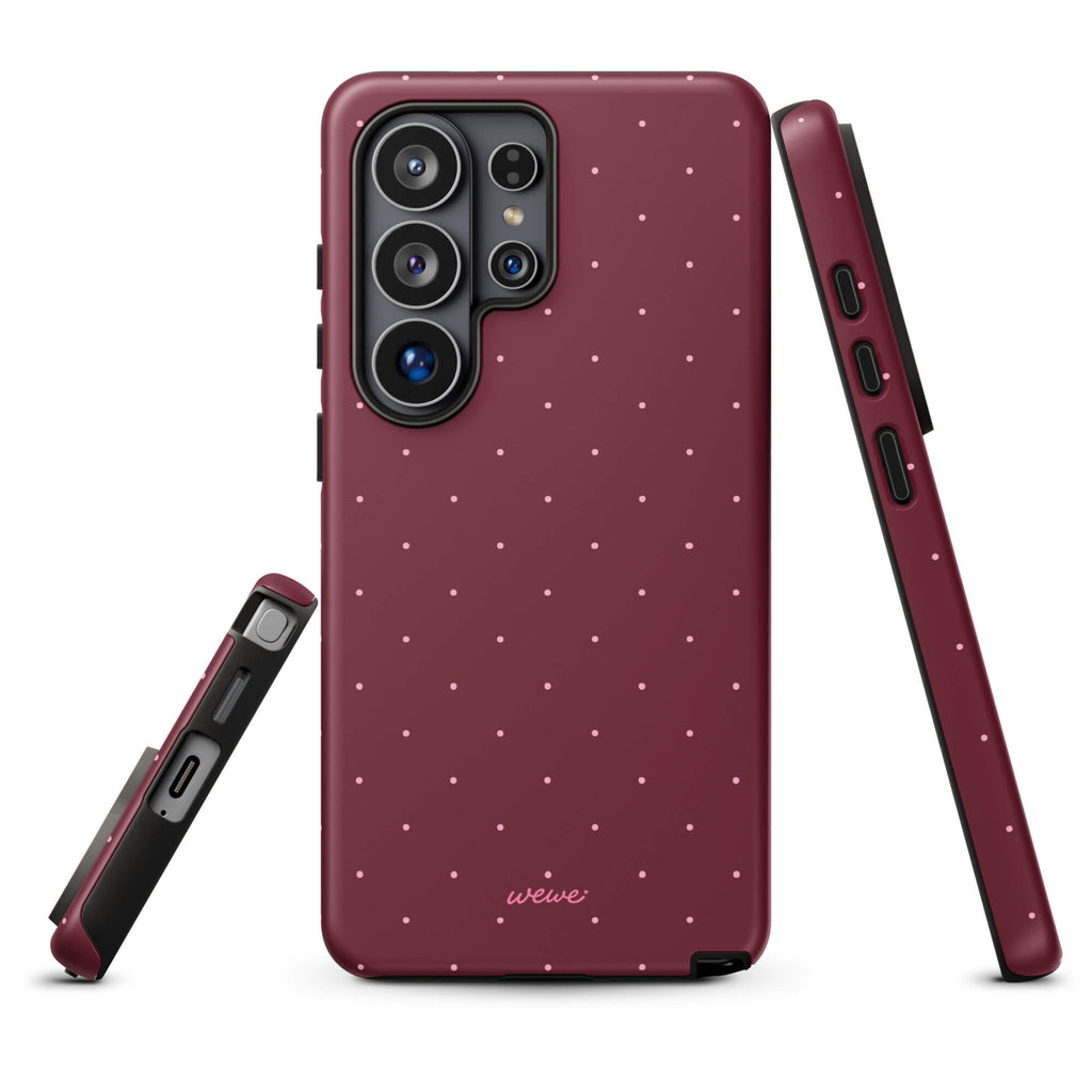 Deep burgundy iPhone case with evenly spaced tiny pale-pink micro dots
