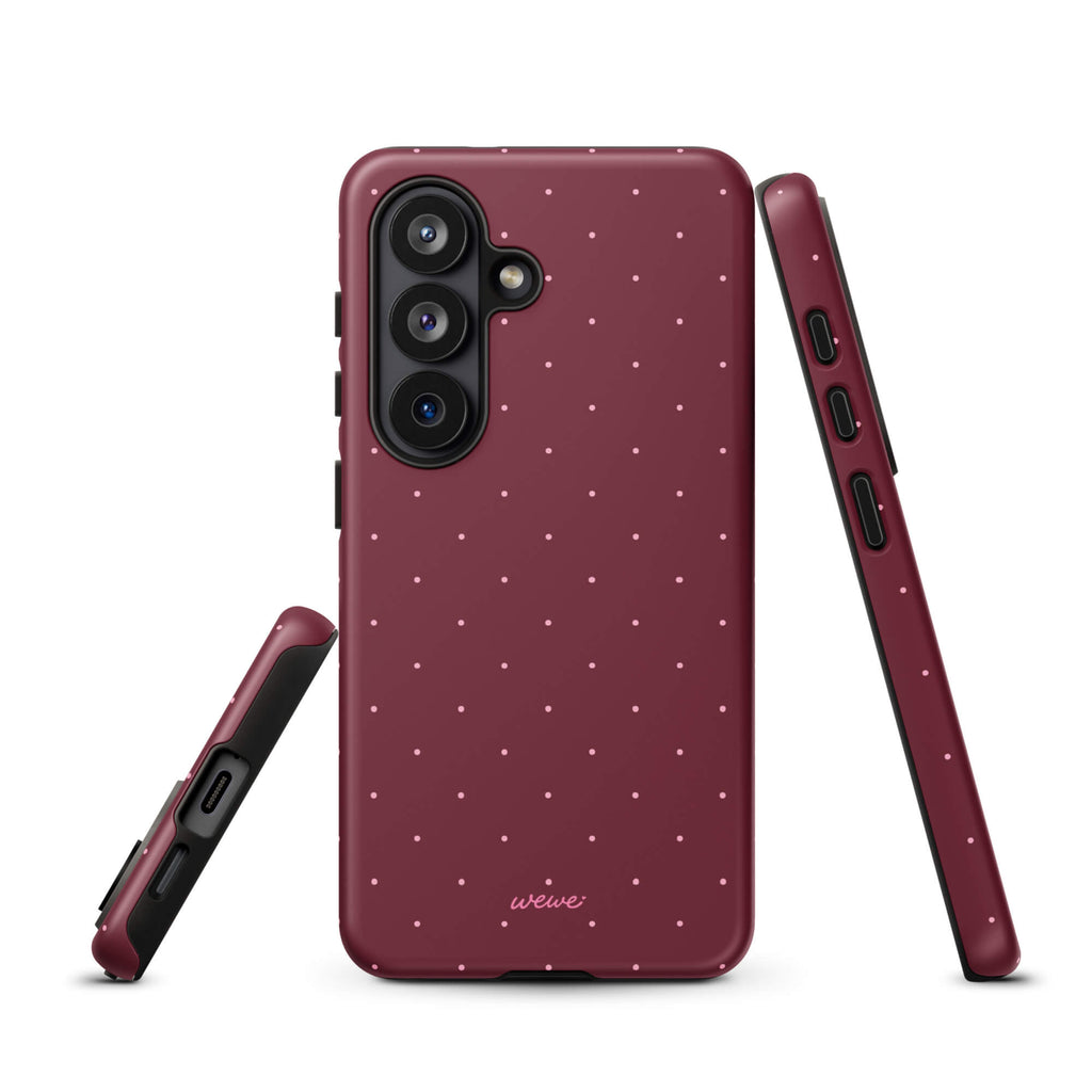 Deep burgundy iPhone case with evenly spaced tiny pale-pink micro dots