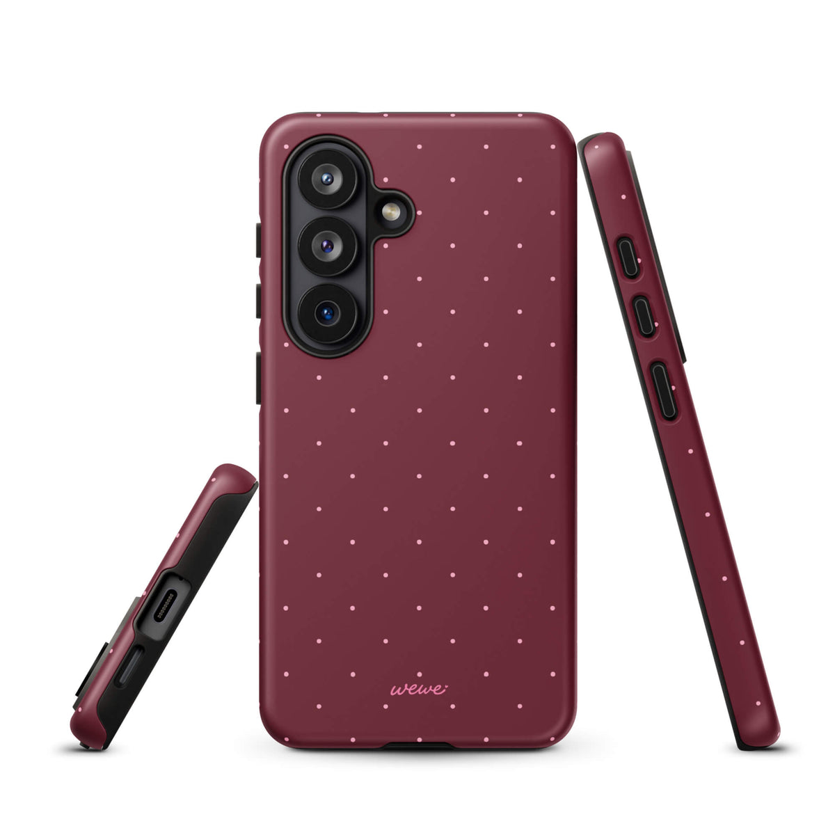 Deep burgundy iPhone case with evenly spaced tiny pale-pink micro dots
