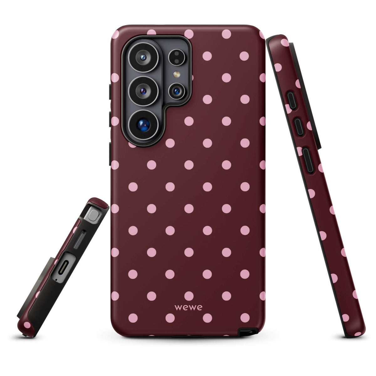 Deep burgundy iPhone case with evenly spaced soft-pink polka dots