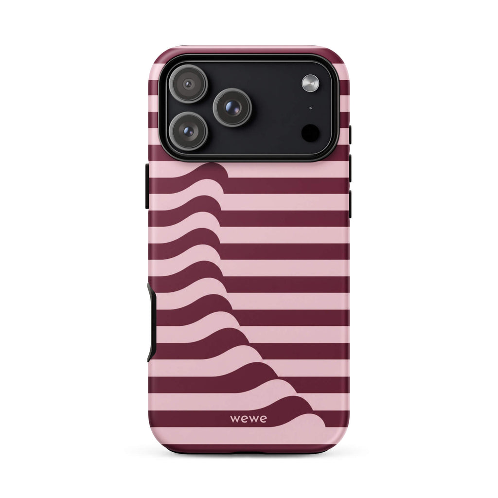 Deep burgundy and blush-pink iPhone case with horizontal stripes flowing into soft wave shapes