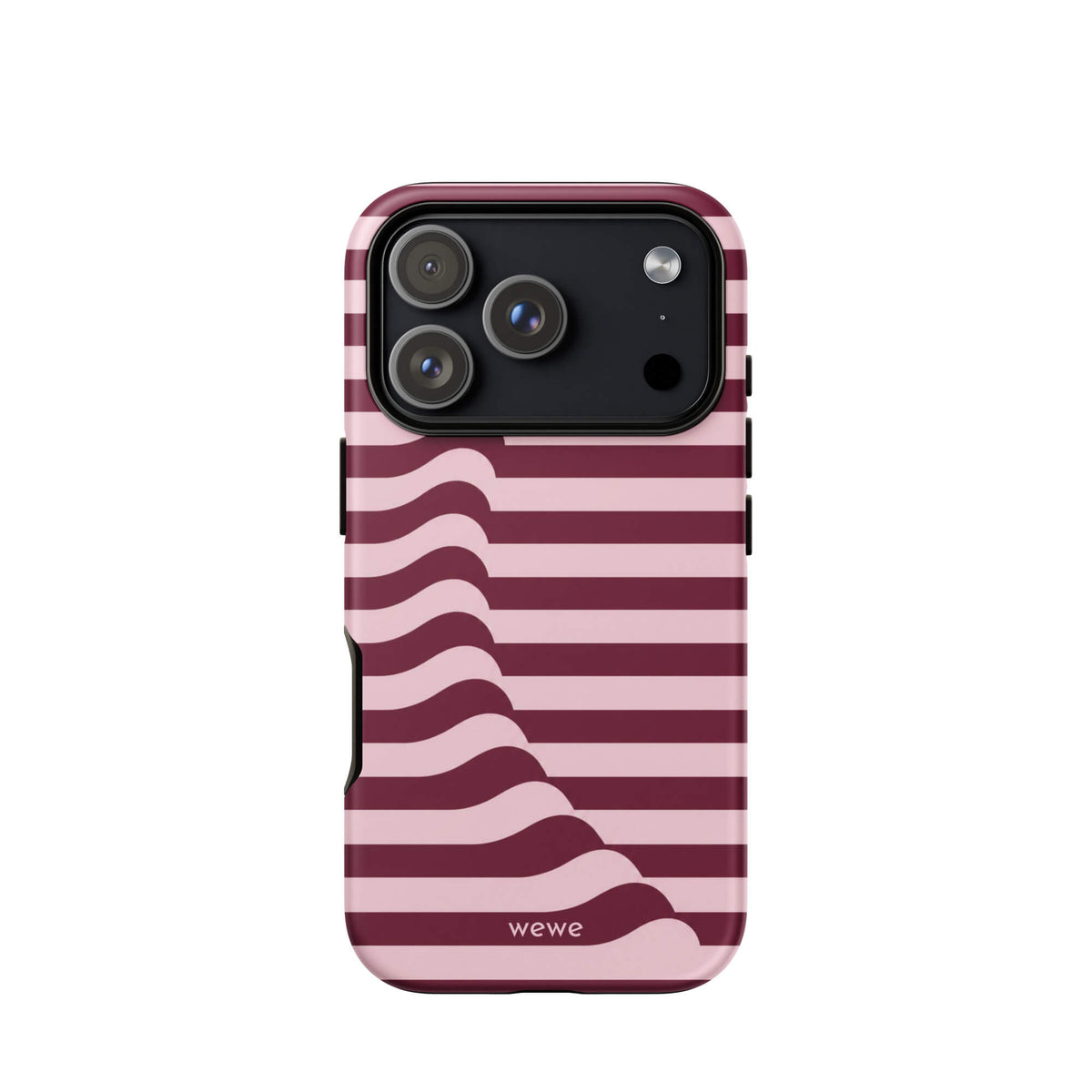 Deep burgundy and blush-pink iPhone case with horizontal stripes flowing into soft wave shapes