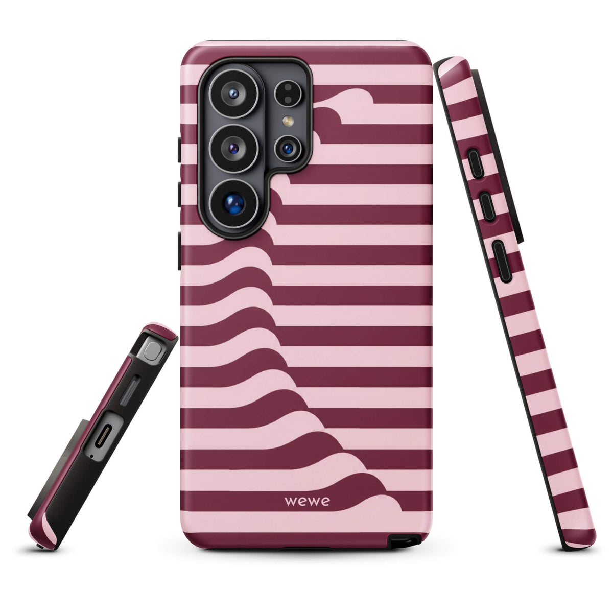 Deep burgundy and blush-pink iPhone case with horizontal stripes flowing into soft wave shapes