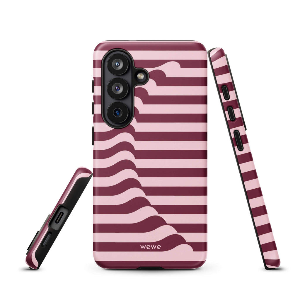 Deep burgundy and blush-pink iPhone case with horizontal stripes flowing into soft wave shapes