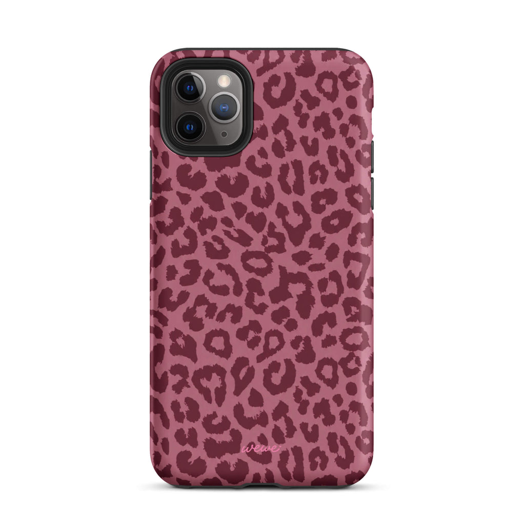 Dusty-rose iPhone case covered with deep-burgundy tonal leopard spots
