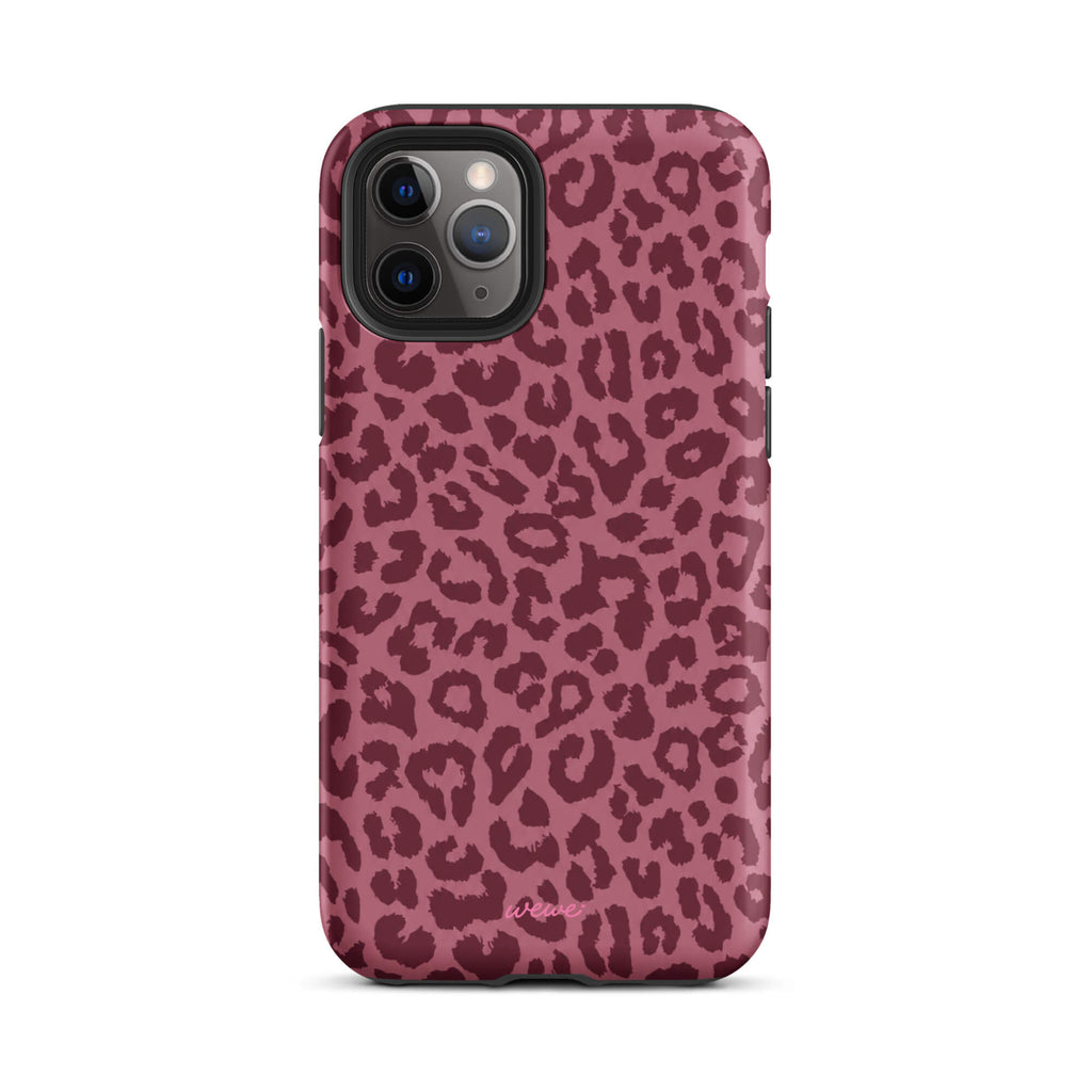 Dusty-rose iPhone case covered with deep-burgundy tonal leopard spots