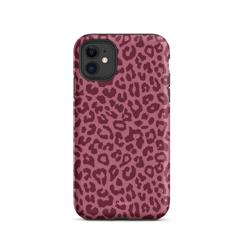 Dusty-rose iPhone case covered with deep-burgundy tonal leopard spots